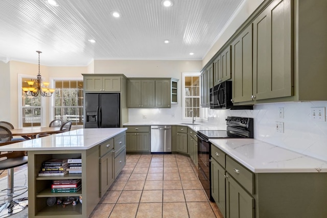 kitchen with light tile patterned floors, open shelves, a sink, backsplash, and black appliances