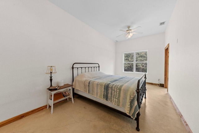 bedroom featuring ceiling fan, lofted ceiling, visible vents, and baseboards