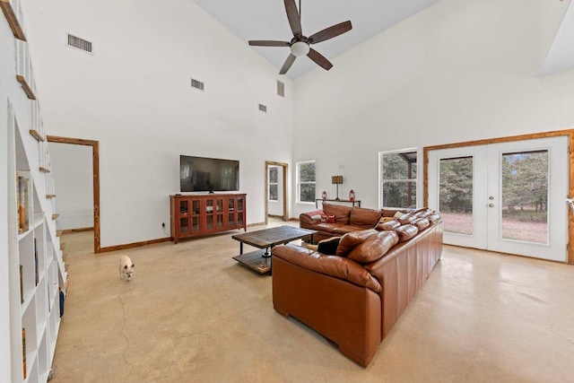 living room featuring ceiling fan, french doors, concrete floors, and visible vents