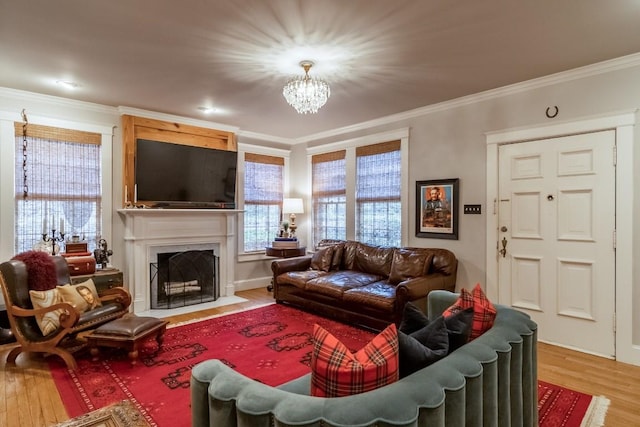 living room featuring a fireplace with flush hearth, a notable chandelier, crown molding, and wood finished floors