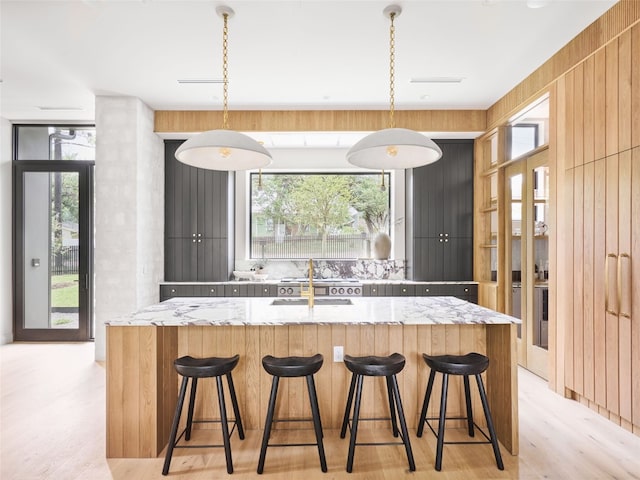 kitchen with a center island with sink, light stone countertops, a sink, modern cabinets, and light wood-type flooring