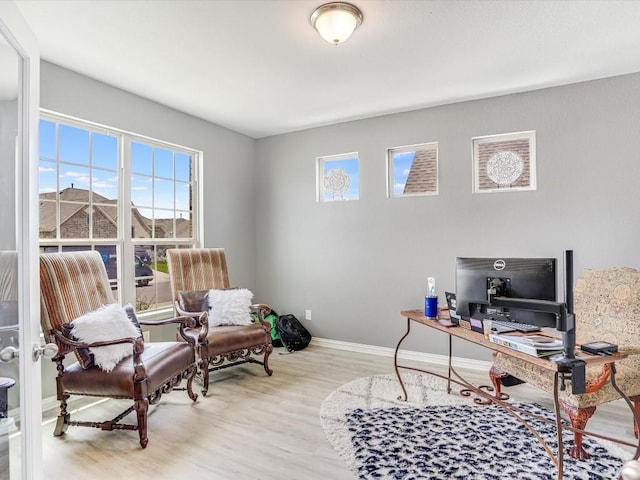 home office featuring a healthy amount of sunlight, baseboards, and wood finished floors