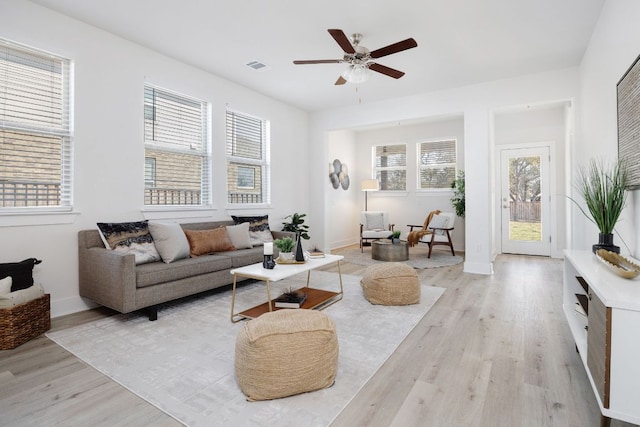 living room with a healthy amount of sunlight, light wood-style flooring, visible vents, and baseboards