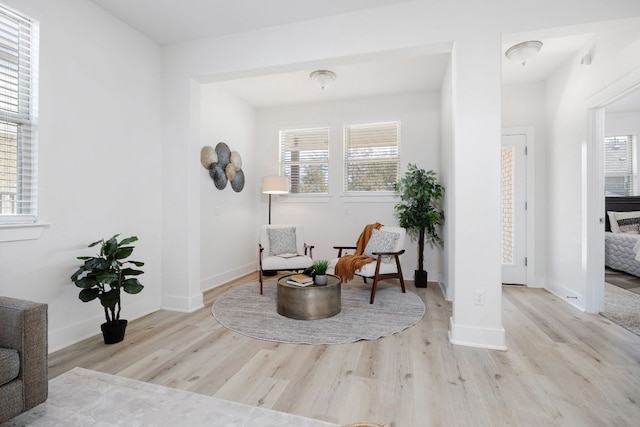 living area featuring baseboards and wood finished floors