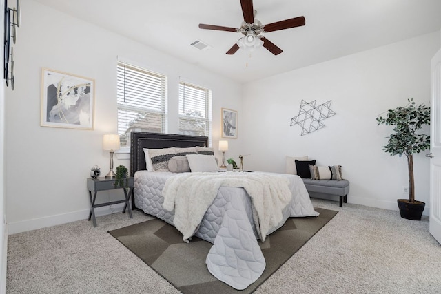 bedroom featuring carpet, visible vents, ceiling fan, and baseboards