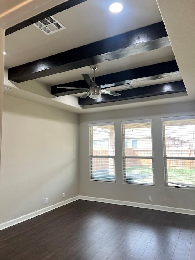 13825 Chester Knl, San Antonio, TX 78253 - spare room featuring dark wood-style floors, beam ceiling, visible vents, and a ceiling fan