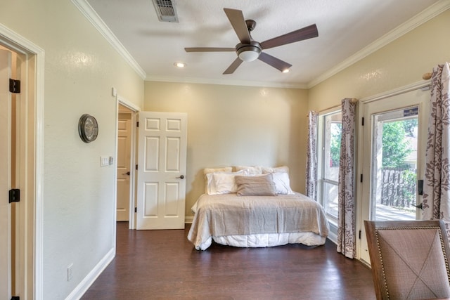 606 Free Rein, Horseshoe Bay, TX 78657 - bedroom featuring ornamental molding, dark wood-type flooring, access to exterior, a ceiling fan, and baseboards