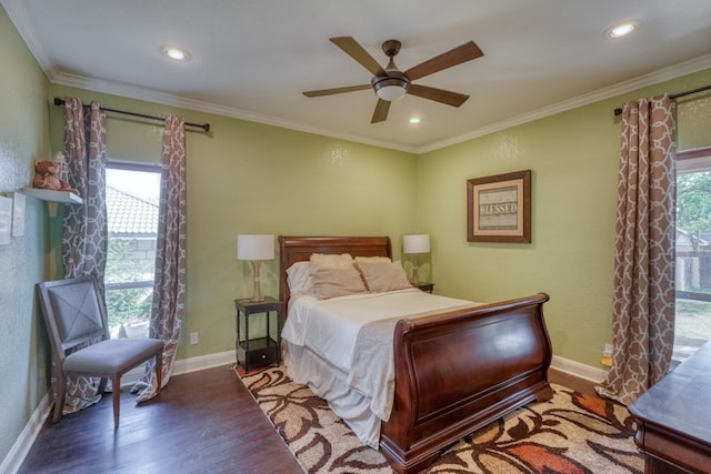 bedroom featuring baseboards, ceiling fan, wood finished floors, crown molding, and recessed lighting