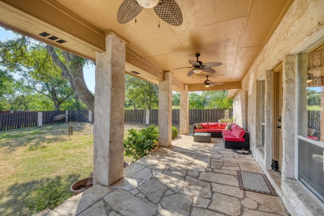 view of patio / terrace featuring a fenced backyard, visible vents, outdoor lounge area, and a ceiling fan