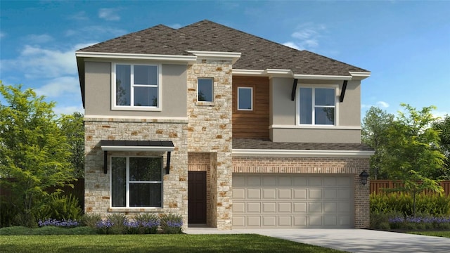 view of front of property featuring driveway, a shingled roof, an attached garage, and stucco siding