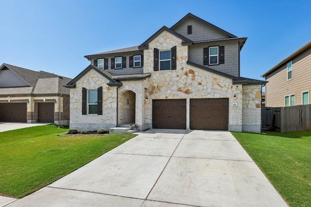 view of front of home featuring driveway, an attached garage, fence, and a front yard