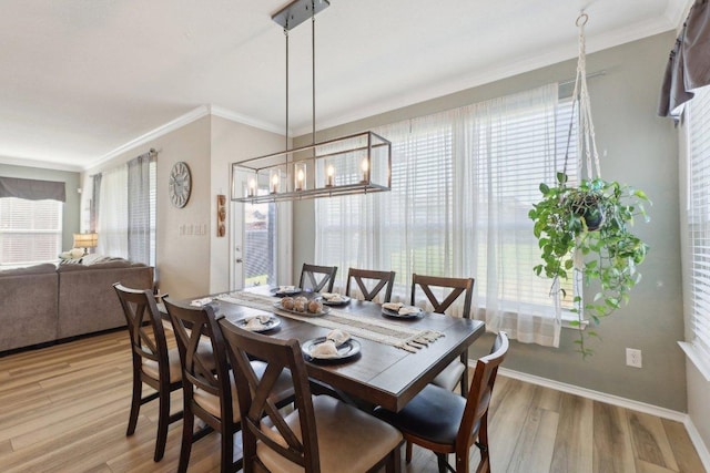 dining room with light wood-style floors, a healthy amount of sunlight, and crown molding