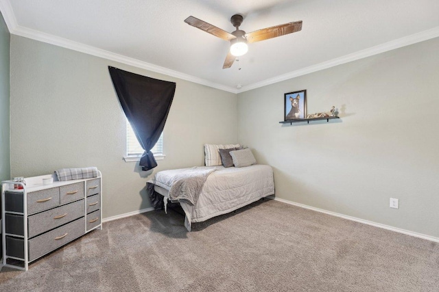 carpeted bedroom with baseboards and ornamental molding