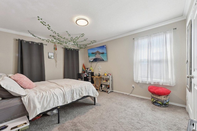 carpeted bedroom with baseboards, ornamental molding, and a textured ceiling