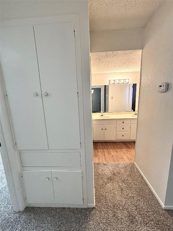 hall with light carpet, a sink, a textured ceiling, and baseboards