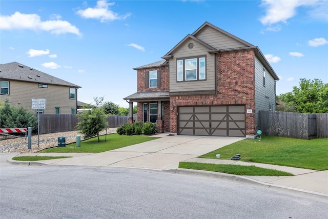 view of front of house with an attached garage, brick siding, fence, driveway, and a front yard