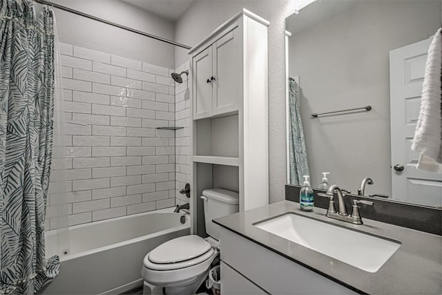 bathroom featuring shower / tub combo, vanity, and toilet