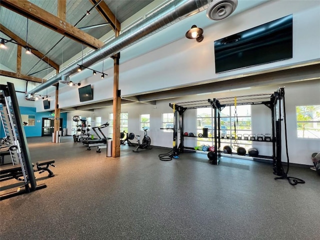 exercise room with a towering ceiling, plenty of natural light, and baseboards