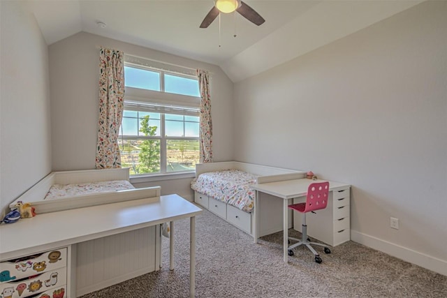 bedroom featuring lofted ceiling, carpet, baseboards, and ceiling fan