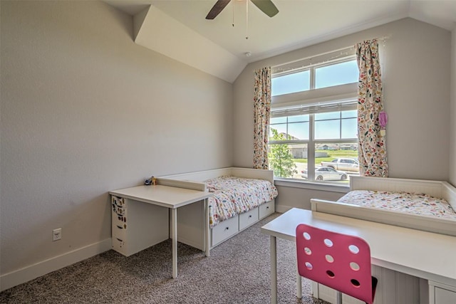 carpeted bedroom with lofted ceiling, ceiling fan, and baseboards