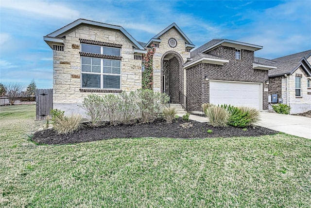 20933 Claire Jean Path, Pflugerville, TX 78660 - french country home featuring concrete driveway, a front lawn, stone siding, brick siding, and a garage