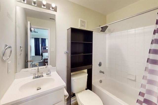 bathroom with visible vents, connected bathroom, toilet, shower / bathtub combination with curtain, and vanity