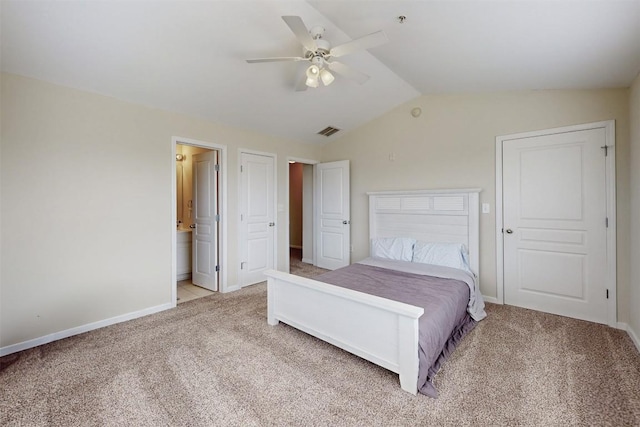 unfurnished bedroom with baseboards, visible vents, vaulted ceiling, and carpet flooring