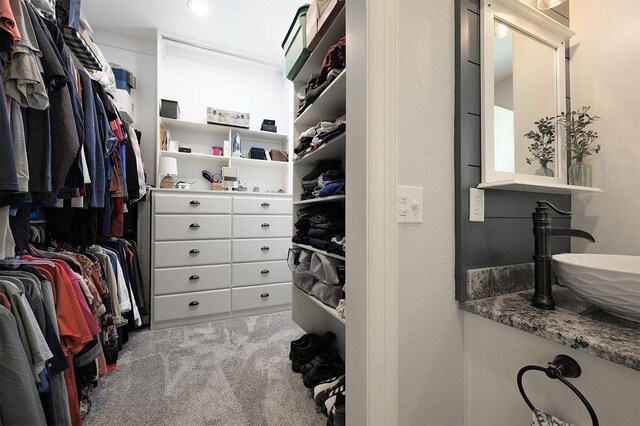 walk in closet featuring carpet floors and a sink