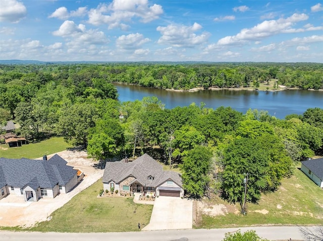 drone / aerial view with a water view and a view of trees