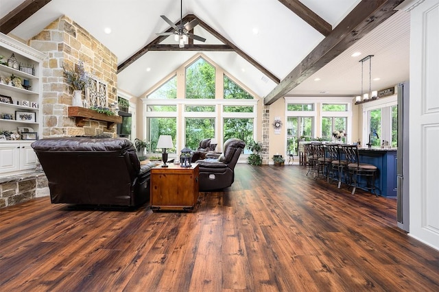 living room with beam ceiling, high vaulted ceiling, dark wood-style flooring, and ceiling fan with notable chandelier