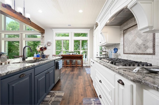 kitchen featuring stainless steel appliances, premium range hood, a sink, white cabinets, and backsplash