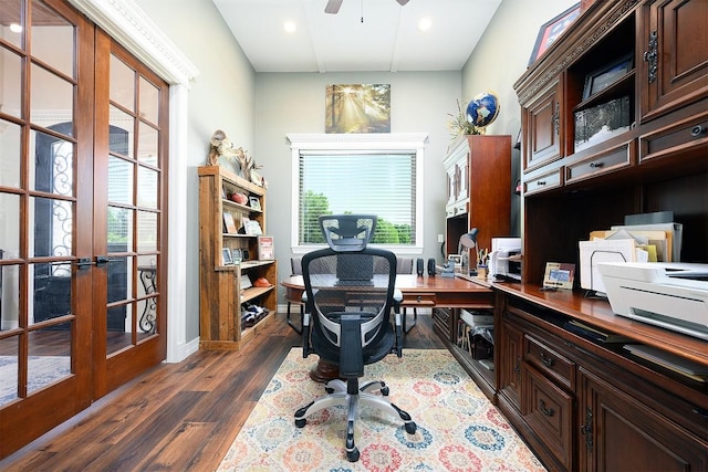 office area featuring ceiling fan, french doors, dark wood finished floors, and recessed lighting