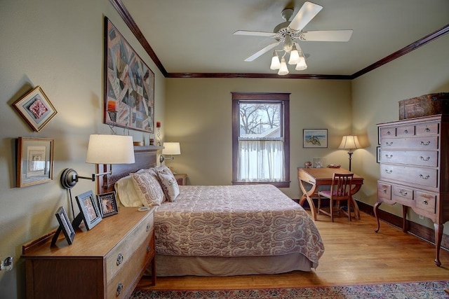 bedroom featuring ornamental molding, a ceiling fan, light wood-style flooring, and baseboards