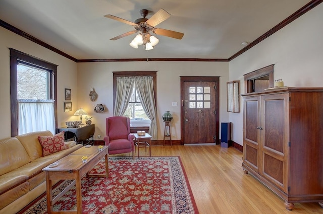 living area featuring a wealth of natural light, light wood-type flooring, crown molding, and baseboards