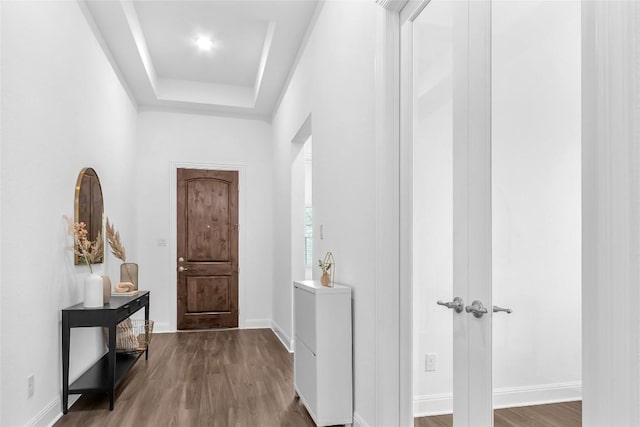 foyer featuring a tray ceiling, baseboards, and wood finished floors