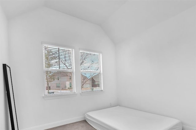 bedroom featuring lofted ceiling, carpet floors, and baseboards