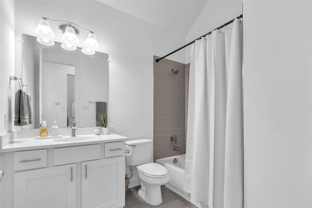 full bathroom featuring toilet, tile patterned flooring, shower / bath combination with curtain, and vanity