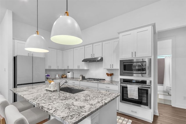 kitchen featuring stainless steel appliances, white cabinetry, a sink, wood finished floors, and under cabinet range hood