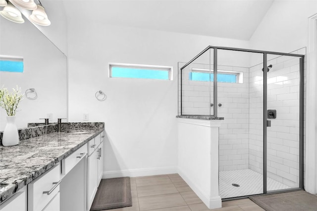 bathroom featuring a shower stall, vanity, and baseboards