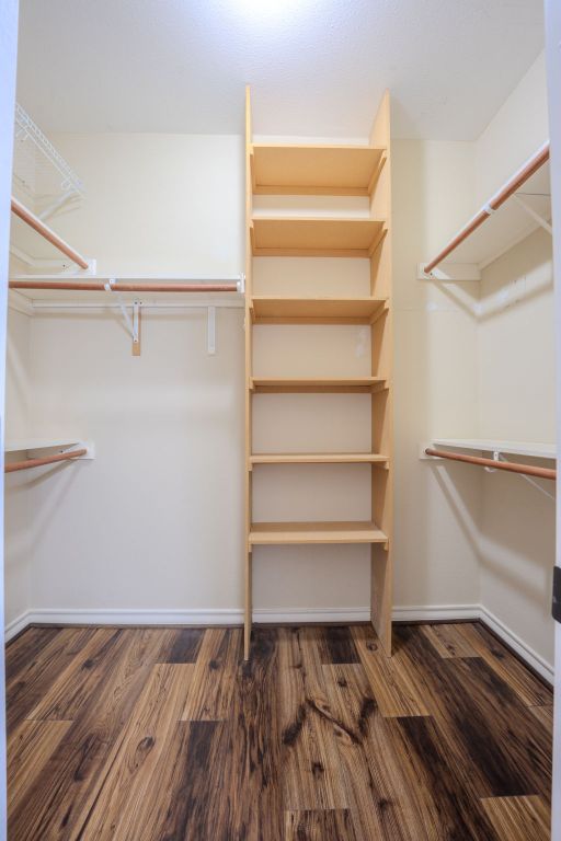 walk in closet with wood finished floors