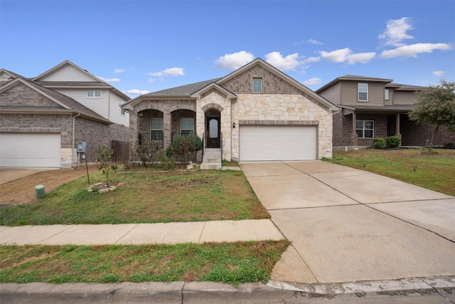 french country style house with a garage, covered porch, a front lawn, and concrete driveway