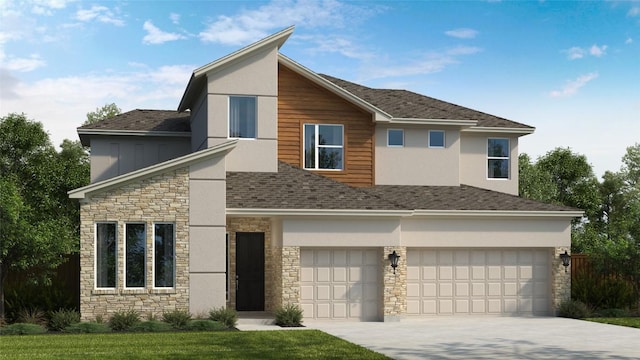 view of front of home with an attached garage, stone siding, concrete driveway, and stucco siding