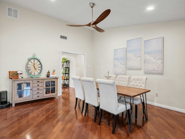 dining room with a ceiling fan, wood finished floors, visible vents, and baseboards