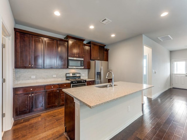 kitchen with visible vents, a kitchen island with sink, appliances with stainless steel finishes, and a sink