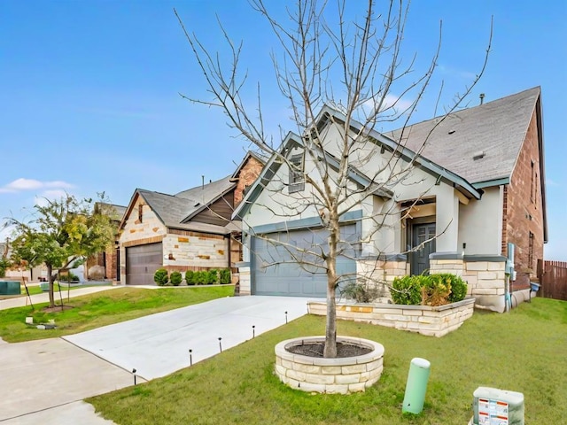 craftsman house featuring an attached garage, stone siding, concrete driveway, and a front yard