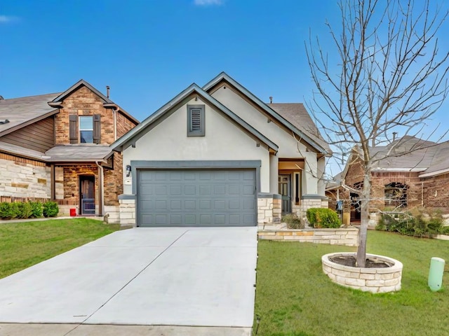 craftsman inspired home with stone siding and a front lawn