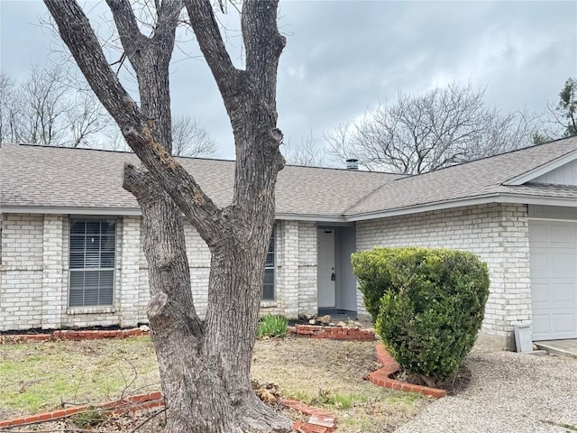 view of exterior entry with a shingled roof, brick siding, and an attached garage