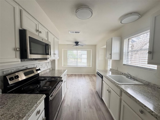 kitchen featuring tasteful backsplash, visible vents, appliances with stainless steel finishes, white cabinetry, and a sink