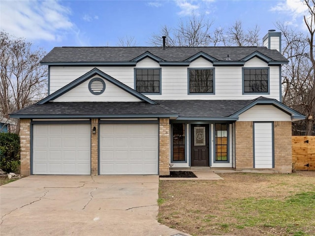 traditional home with a garage, brick siding, concrete driveway, roof with shingles, and a chimney