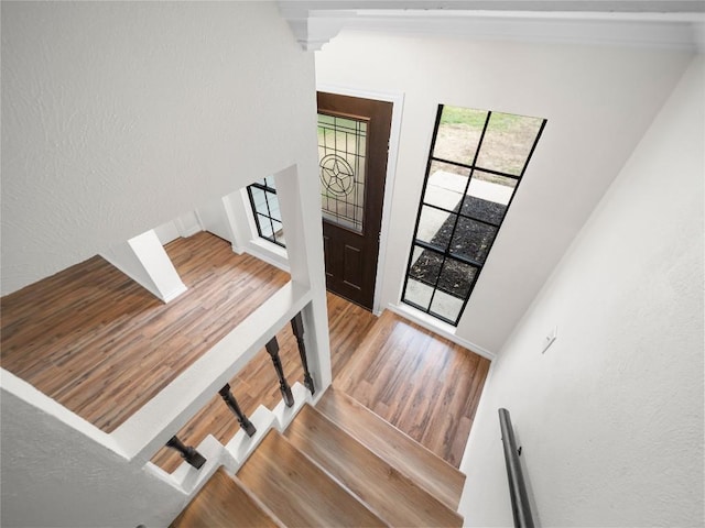 foyer entrance featuring a textured wall and wood finished floors